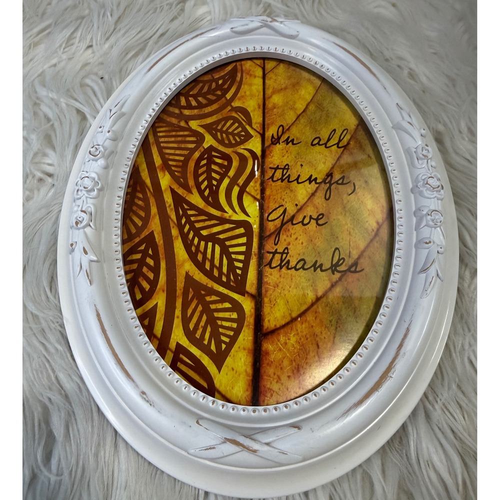In All Things Give Thanks Oval Wall Plaque White Shabby Chic Floral Frame 11x9